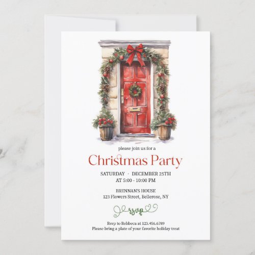 Festive watercolor rustic red door red bow wreath invitation