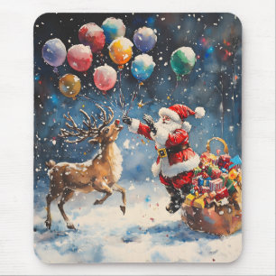 Festive Watercolor Santa Reindeer Colorful Balloon Mouse Pad