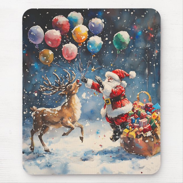 Festive Watercolor Santa Reindeer Colorful Balloon Mouse Pad (Front)