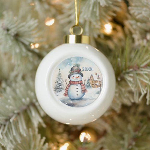 Festive watercolor snowman add name  ceramic ball christmas ornament