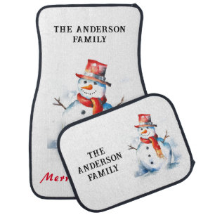 Festive Watercolor Snowman Christmas Personalized  Car Floor Mat