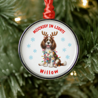 Festive Watercolor Springer Spaniel Snowflakes Dog Metal Ornament