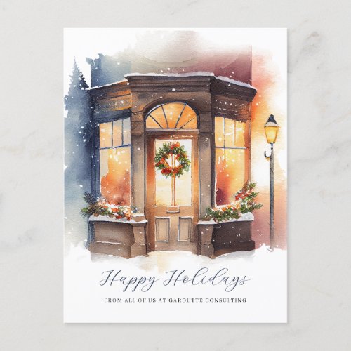 Festive Watercolor Storefront Business  Holiday Postcard