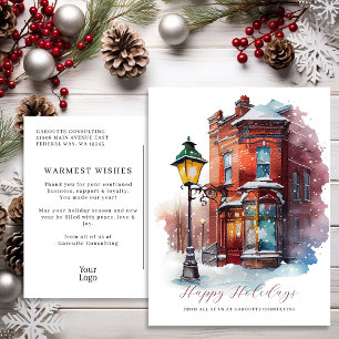 Festive Watercolor Storefront Business Holiday Postcard