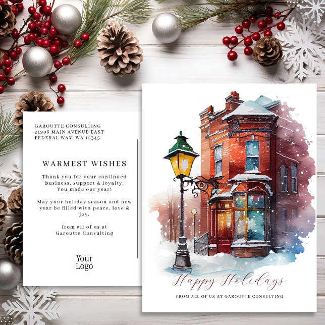 Festive Watercolor Storefront Business  Holiday Postcard (Festive Watercolor Storefront Business Holiday Postcard)