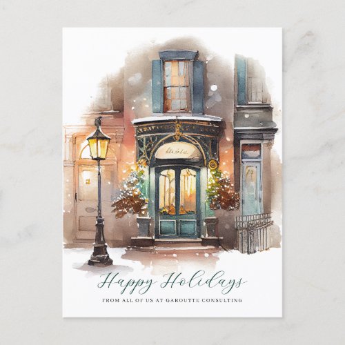 Festive Watercolor Storefront Business Holiday Postcard