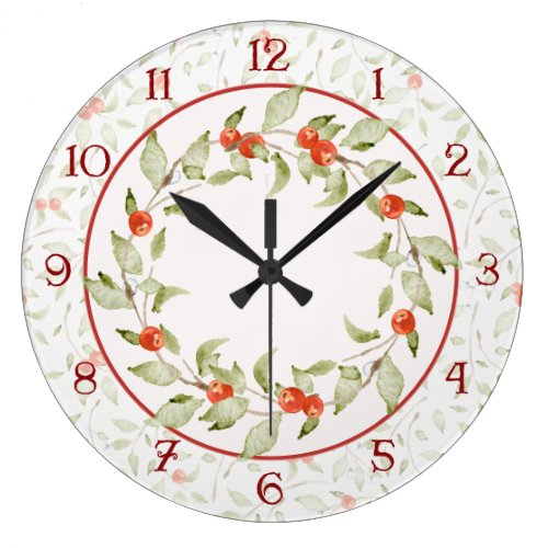 Festive Watercolor Style Leaves and Berries Large Clock