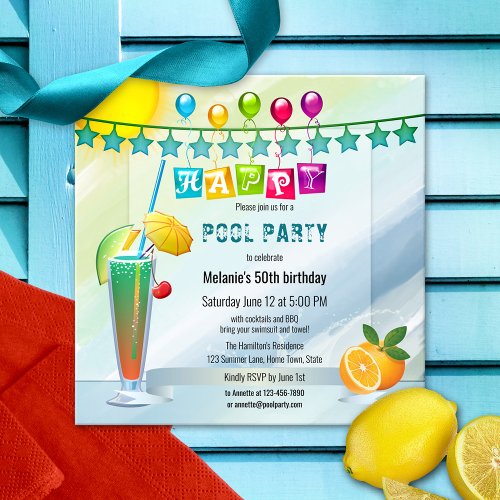 Festive Watercolor Summer Pool Party Invitation