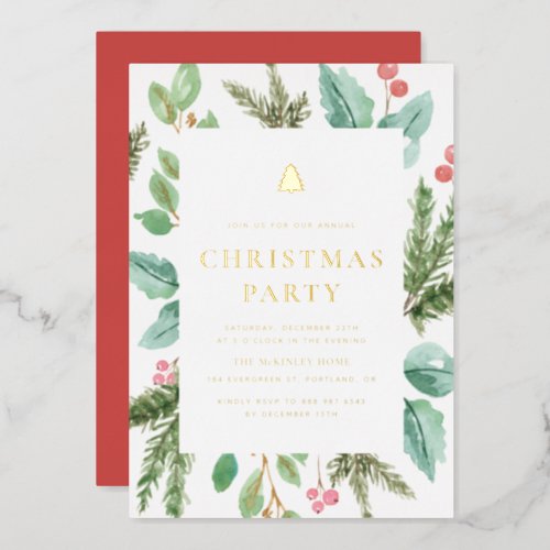 Festive Watercolor Winter Foliage Christmas Party Foil Invitation