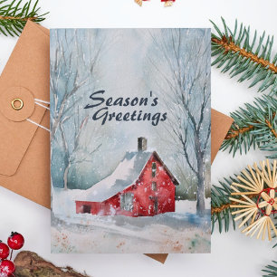 Festive Watercolor Winter Scene Snowy Red House Holiday Card