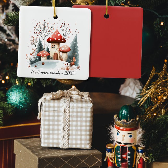 Festive Watercolor Winter Woodland Mushrooms Ceramic Ornament (Creator Uploaded)