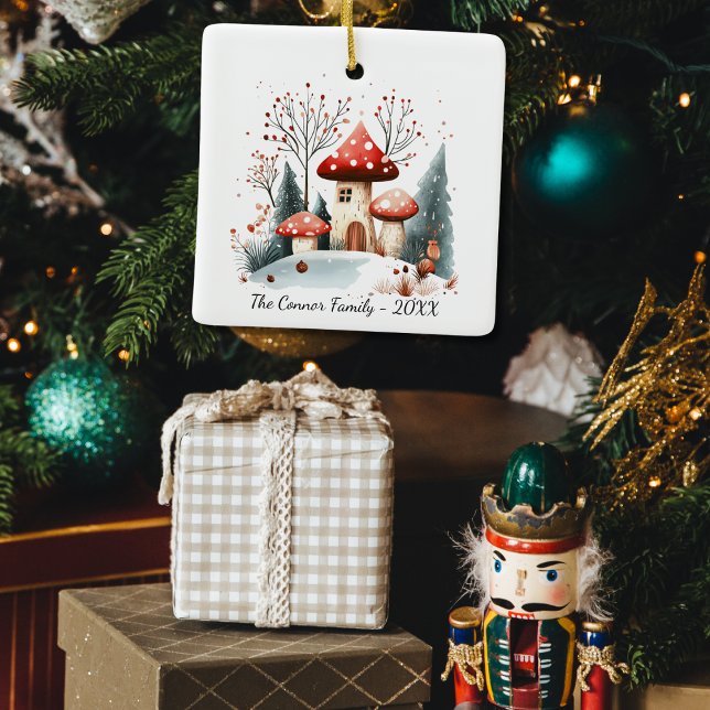 Festive Watercolor Winter Woodland Mushrooms Photo Ceramic Ornament (Creator Uploaded)