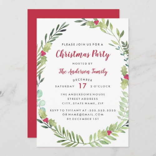 Festive Watercolor Wreath Christmas Party Card