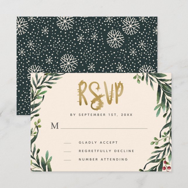 Festive Watercolor Wreath Gold Wedding RSVP Card (Front/Back)