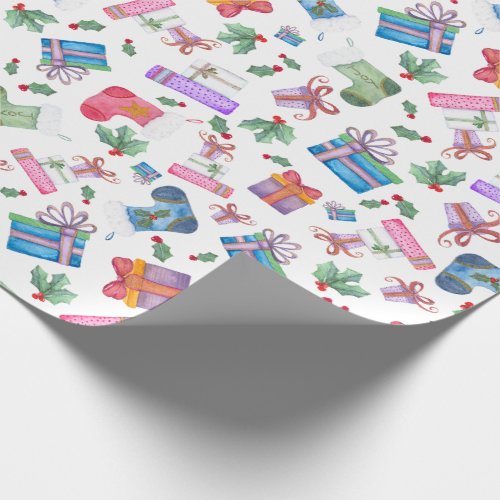 Festive Watercolour Christams Stocking  Gifts Wrapping Paper