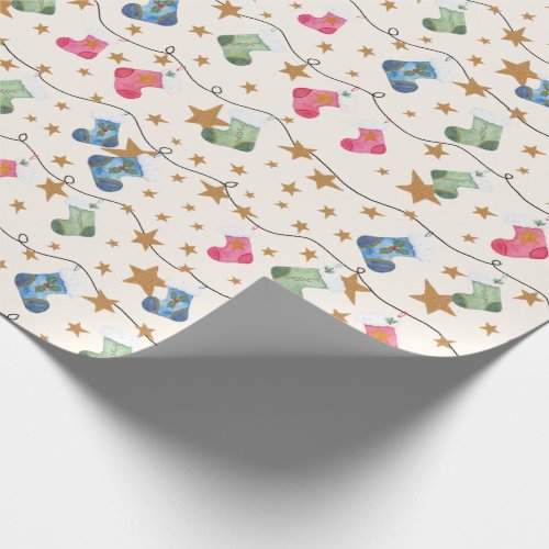 Festive Watercolour Hanging Stockings  Stars Wrapping Paper