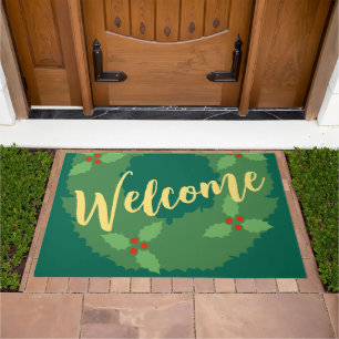Festive Welcome Cartoon Holly Wreath Christmas Doormat