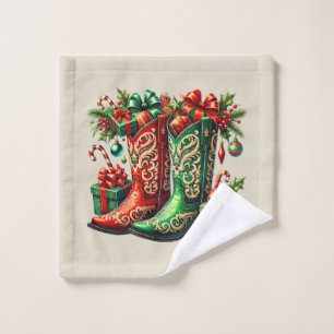 Festive Western Christmas Cowboy boots Wash Cloth