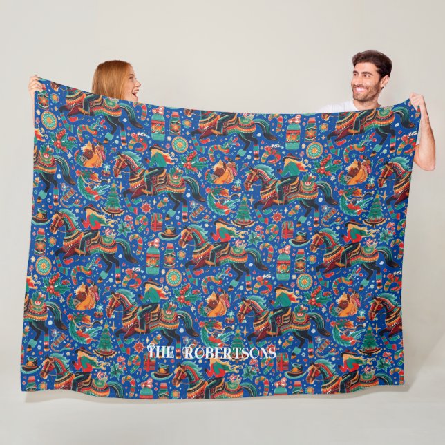 Festive Western Cowgirl Blue Christmas Fleece Blanket (In Situ)