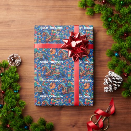 Festive Western Cowgirl Blue Christmas Wrapping Paper