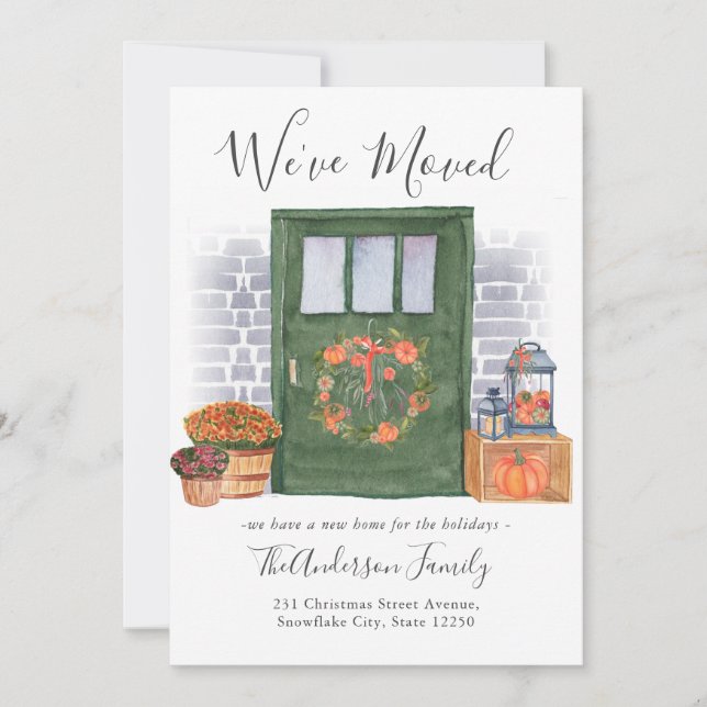 Festive We've Moved Pumpkin Door Holiday Moving Announcement (Front)