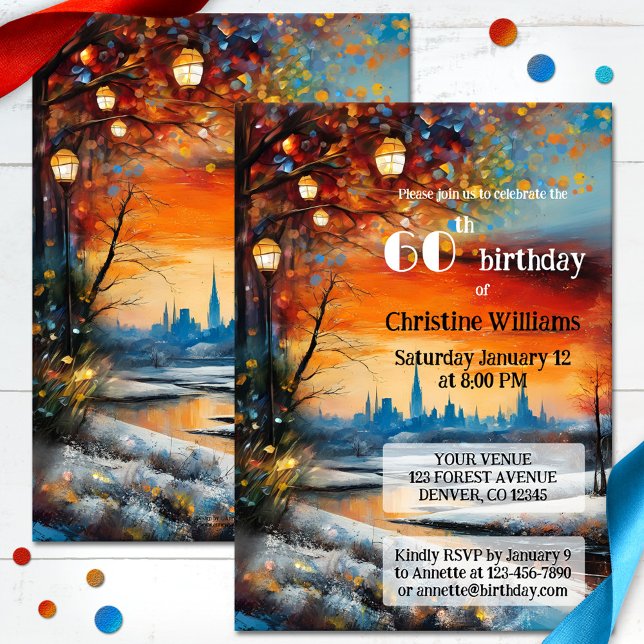 Festive Whimsical Adult Winter Birthday Party  Invitation (Adult birthday invitation featuring a whimsical painting of a winter landscape with festive lanterns)