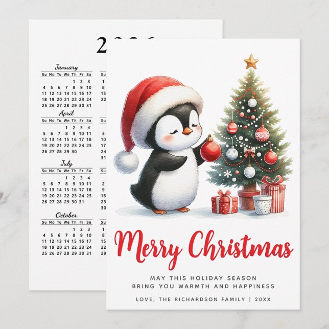 Festive White and Red Penguin Merry Christmas Holiday Card (Front/Back)