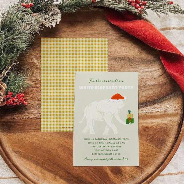 Festive White Elephant Party Illustrated Invitation (Festive White Elephant Party Illustrated Invitation with golden yellow checkered back.)