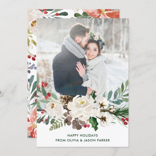 Festive White Floral  Christmas Photo Card