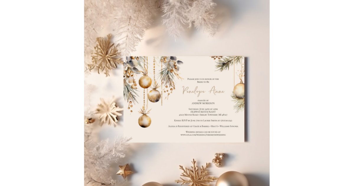 Festive White & Gold Christmas Bridal Shower Invitation | Zazzle