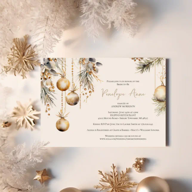 Festive White & Gold Christmas Bridal Shower Invitation | Zazzle