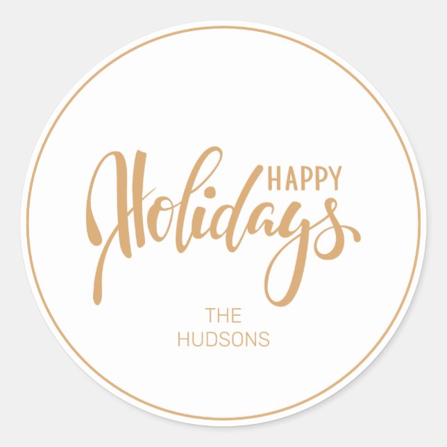 Festive White Gold Happy Holidays Christmas Classic Round Sticker (Front)