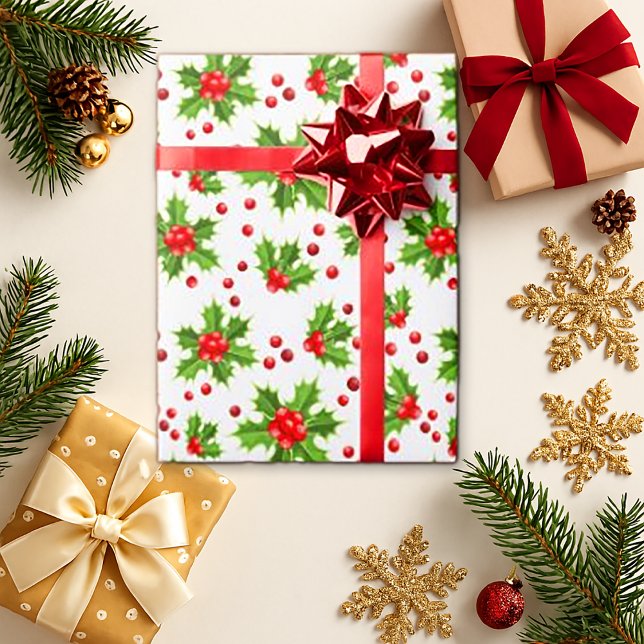Festive White Holly Red Ribbon Christmas Wrapping Paper (Creator Uploaded)