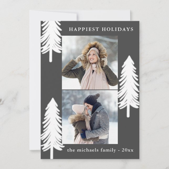 Festive White Pine Trees Two Photo Holiday Card (Front)