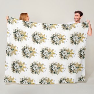 Festive White Poinsettia Christmas Fleece Blanket