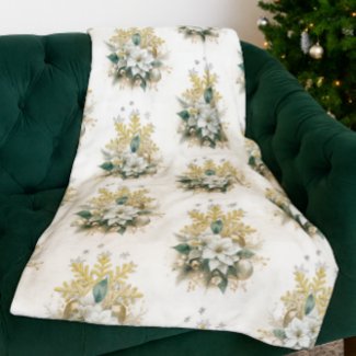 Festive White Poinsettia Christmas Fleece Blanket