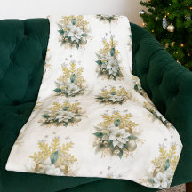 Festive White Poinsettia Christmas Fleece Blanket