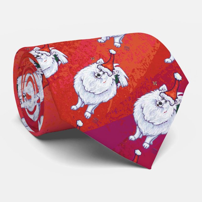 Festive White PomPom Pup on Red Neck Tie (Rolled)