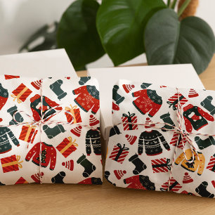 Festive White, Red & Green Ugly Christmas Sweater Wrapping Paper Sheets