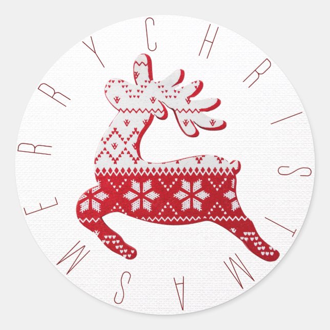Festive White & Red Reindeer Christmas Sweater Classic Round Sticker (Front)