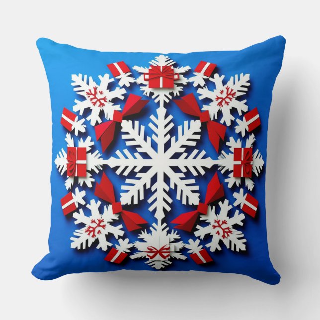 Festive White Snowflake With Red Gift Throw Pillow (Front)