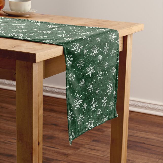 Festive White Snowflakes on Green  Long Table Runner (In Situ)