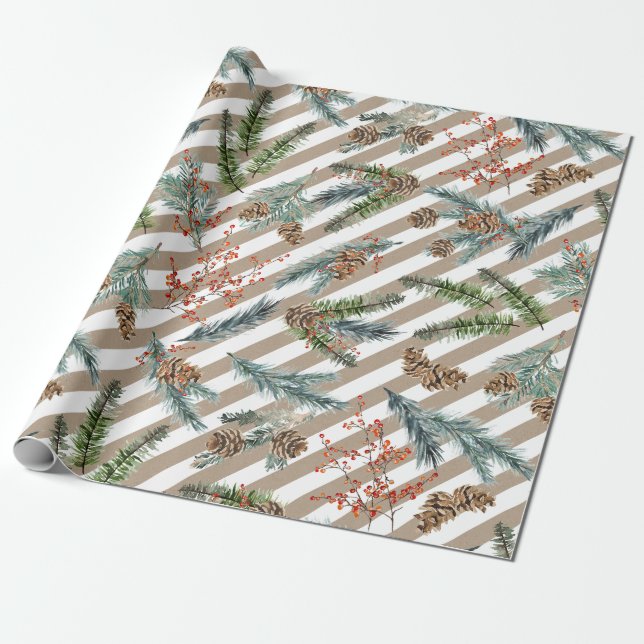 Festive White Stripe Pine Spruce Kraft Holiday Wrapping Paper (Unrolled)