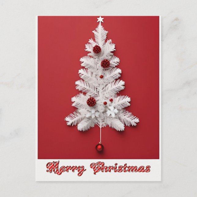 ✨ Festive White Tree Red Ornaments Christmas Star Postcard (Front)