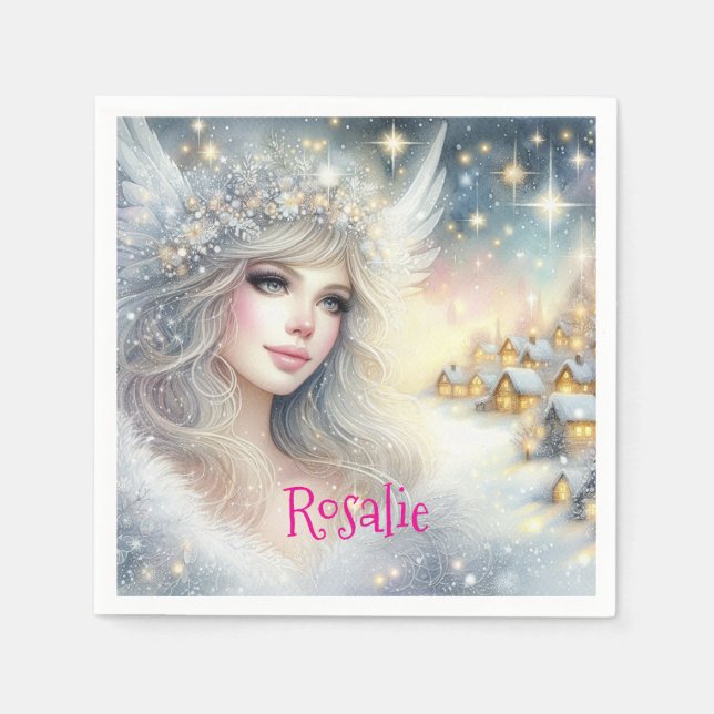 Festive White Watercolor Ethereal Frost Snow Angel Napkins (Front)