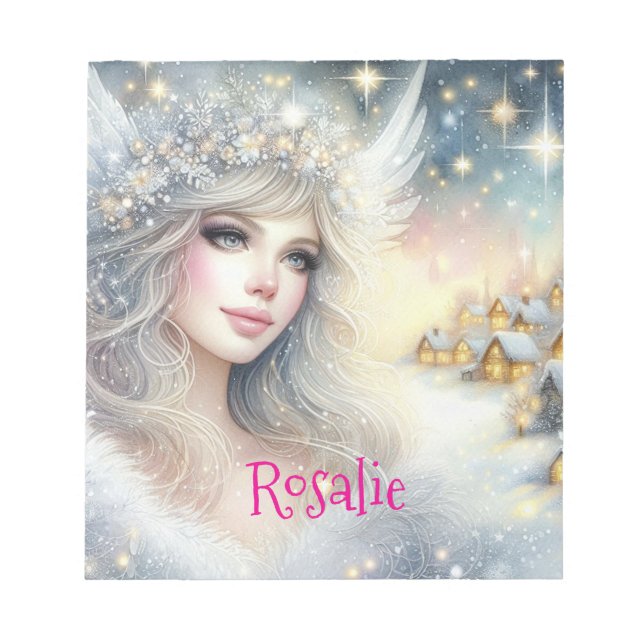Festive White Watercolor Ethereal Frost Snow Angel Notepad (Front)