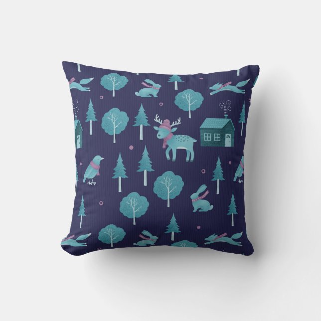 Festive Winter Animals Throw Pillow (Front)