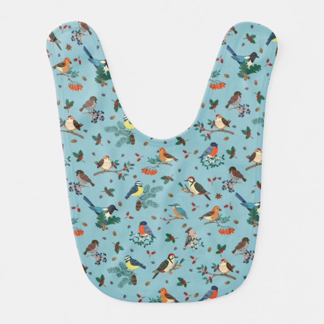 Festive Winter Birds Christmas Pattern Baby Bib (Front)