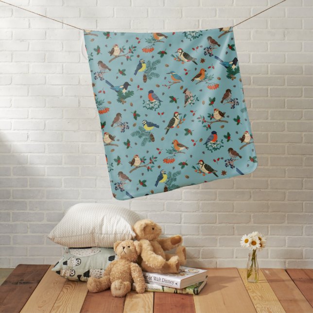 Festive Winter Birds Christmas Pattern Baby Blanket (In Situ)