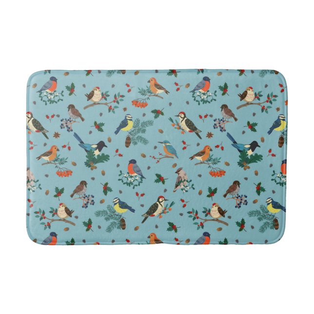Festive Winter Birds Christmas Pattern Bath Mat (Front)